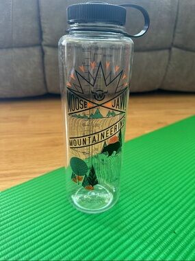 Moosejaw Clear Water Bottle with Blue Lid and Green/Orange Graphics Nalgene 48oz